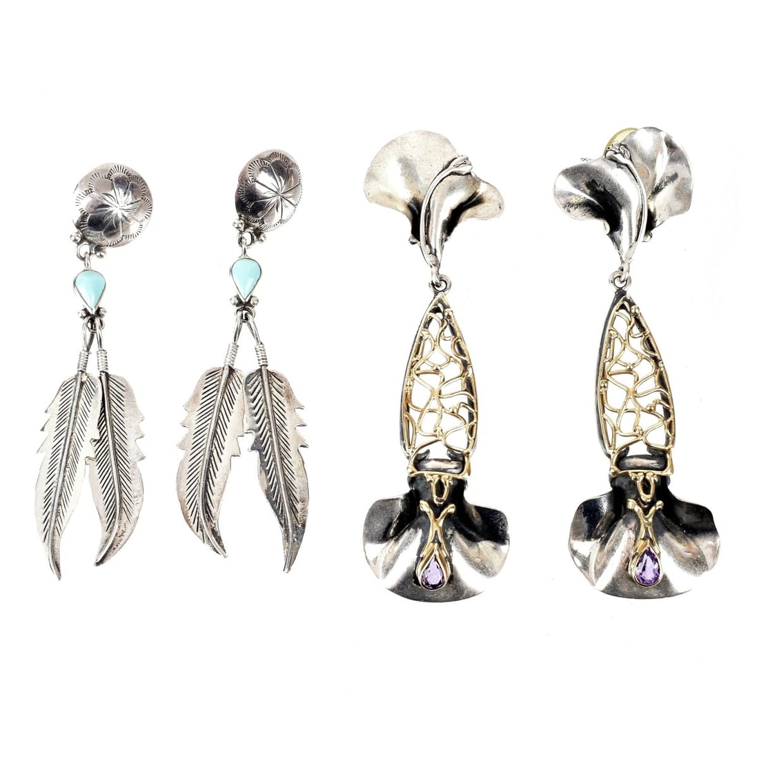 Silver Earrings: Two Pair Vintage Silver Chandelier Earrings. To include silver, 14 karat yellow gold and amethyst earrings and silver and turquoise earrings. Silver and 14K earrings measure 3-1/4" L, 1" W. Approx. to