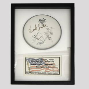 Framed Autographed Drum Head: Framed Autographed Drum Head by Sammy Davis Jr., Frank Sinatra, and Dean Martin. Collector's Universe Limited COA to accompany the lot. Frame measures 19-1/4" x 13-5/8".Provenance: The Orianne Collins