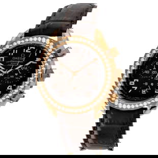 Omega Speedmaster Quartz Chronometer: Omega Speedmaster Quartz Chronometer Watch, Gold Tone Stainless Steel with Diamond Bezel, Black Dial, Leather Bracelet. Case measures 38mm. Adjustable length bracelet. No box or papers. Condition: Goo