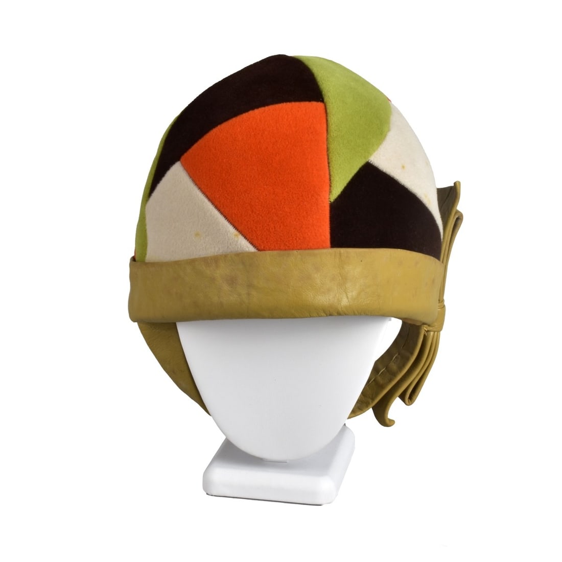 Yves Saint Laurent ( French 1939-2008) Mondrian: Vintage Yves Saint Laurent Mondrian Helmet with Leather Chin Strap. Multicolor Orange,, Green, Brown, Camel, with leather Toffee Brown trim press stud fastening.. .Marked Yes Saint Laurent Paris, Velo