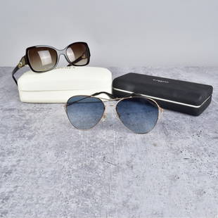 Two Designer Sun Glasses: Grouping of Two Designer Sun Glasses in Original Boxes. Includes: Givenchy GV 7005/S and La Perla Butterfly. La Perla measures 5-1/4" x 6-1/4". Givenchy measures 5-3/4" x 5-3/4". Provenance: The Orian