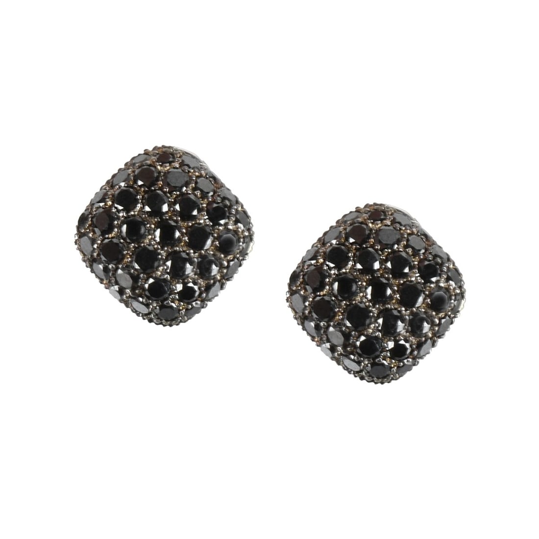 Diamond and 18K Earrings: Vintage Pave Set Round Brilliant Cut Black Diamond and 18 Karat White Gold Earrings. Stamped 750. Measure 3/8" x 3/8". Approx. total weight: 6.35 grams. Provenance: The Orianne Collins Collection. A l