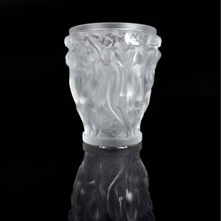 Lalique "Bacchantes" Crystal Vase: Lalique "Bacchantes" Frosted Crystal Vase. Signed on the base. Measures 9-5/8" x 8-3/4". Provenance: Provenance: The Orianne Collins Collection. A large portion of proceeds of this sale will be donate