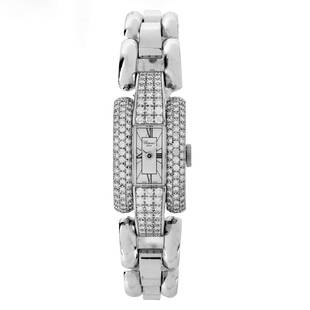 Chopard Diamond and 18K Watch: Lady's Chopard Diamond and 18 Karat White Gold Link Bracelet Watch, White Dial. Quartz movement. Case measures 43 x 18.5mm. Bracelet measures 7-1/4" L. Case back numbered 508760 433 1 41/6567,