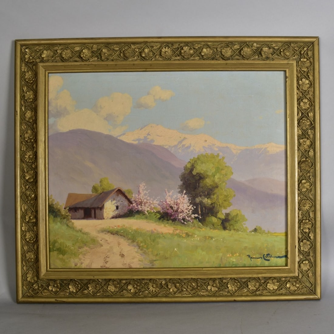 Benito Ramos Catalan (1888 - 1961): Benito Ramos Catalan, Chilean (1888 - 1961) Oil on Canvas "Landscape Scene with Distinguished House" Signed Lower Right. Measures 18-3/8" x 221-1/2". Frame measures 25-1/4" x 29-1/2". Condition: Craqu
