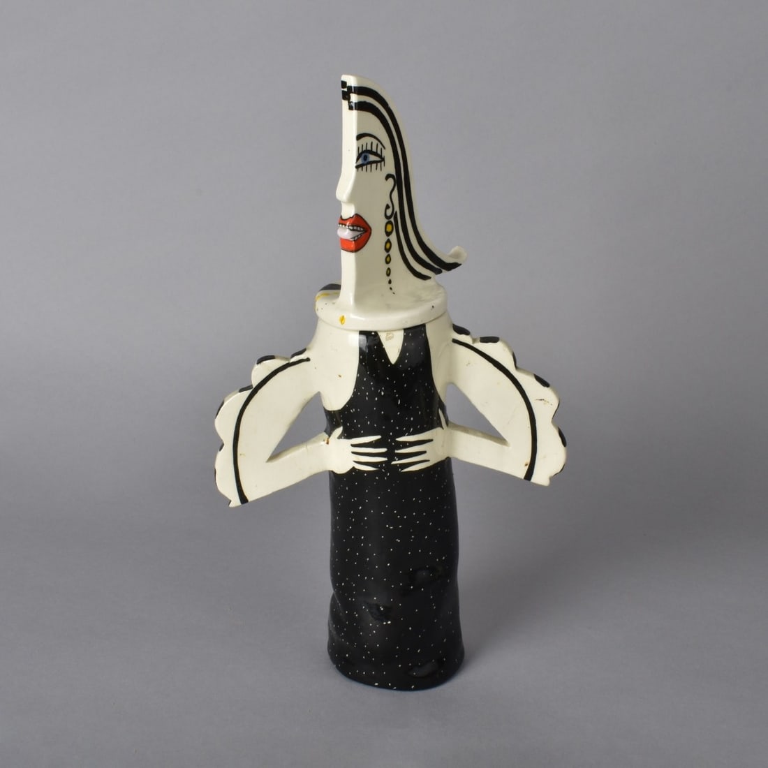 Paloma Picasso Glazed Ceramic Covered Vase: Paloma Picasso Woman Figural Glazed Ceramic Covered Vase. Signed. Measures 12-3/4" x 7-1/4" x 3". Condition: Good condition. Estimate: $100.00 - $300.00 Domestic Shipping: $66.00