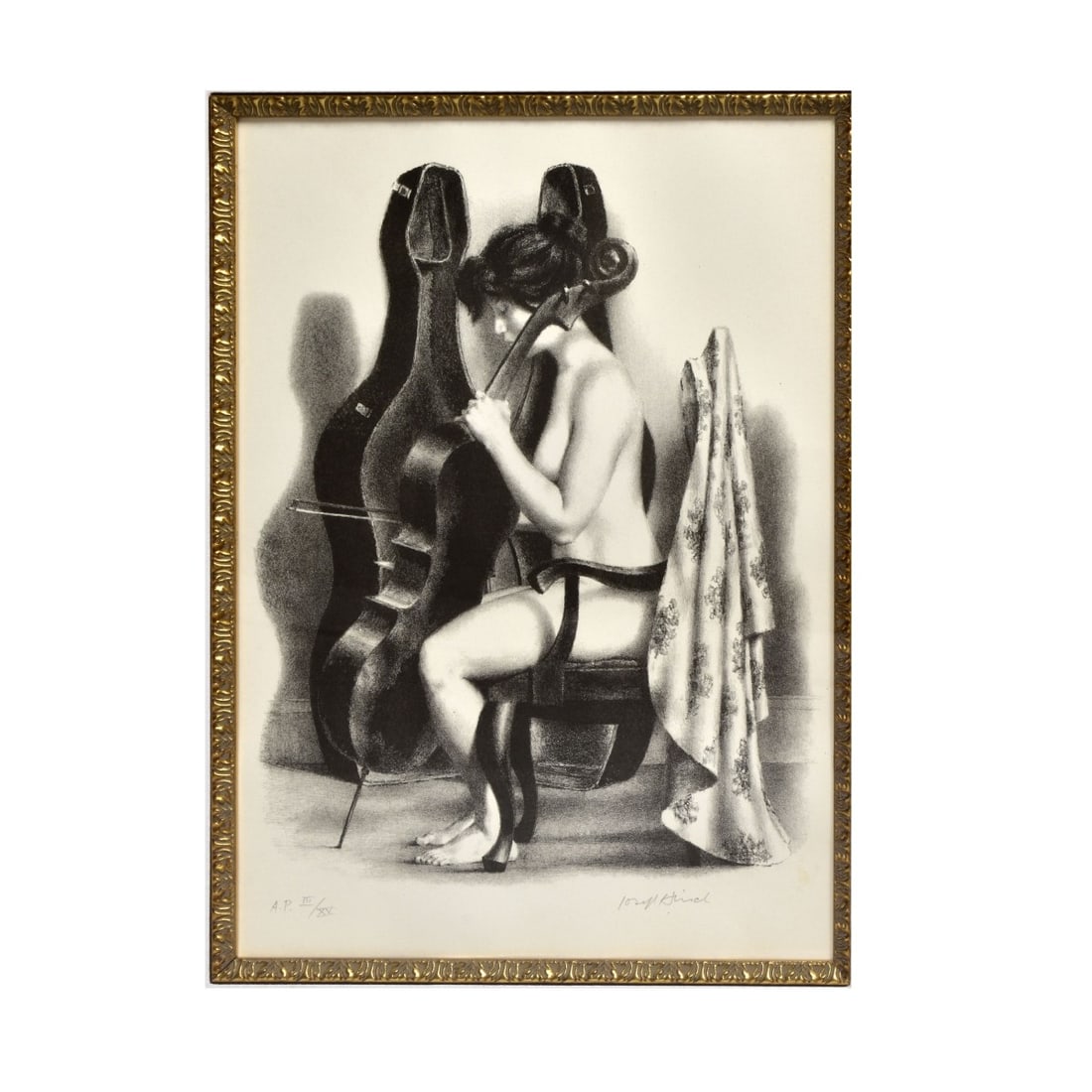 Joseph Hirsch, American (1910 - 1981): Joseph Hirsch, American (1910 - 1981) Artist Proof Color Lithograph on Paper "Portrait of a Nude Playing Cello" Signed in Pencil. Sight measures 14-1/2" x 12". Frame measures 35-7/8" x 31-7/8". Condit
