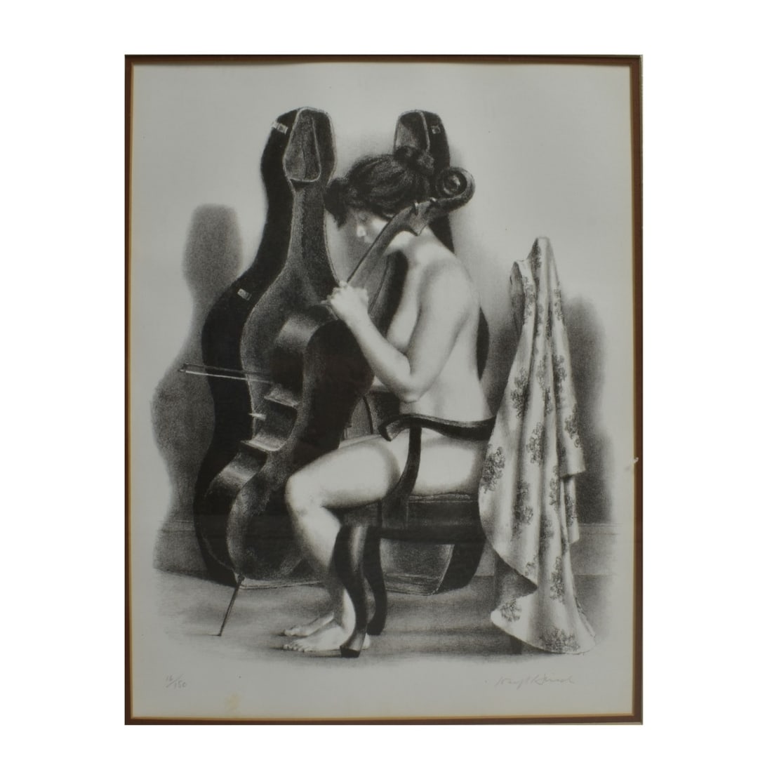 Joseph Hirsch, American (1910 - 1981): Joseph Hirsch, American (1910 - 1981) Lithograph on Paper "Portrait of a Nude Playing Cello" Signed and Numbered 16/150. Sight measures 15" x 12-1/4". Frame measures 25-1/2" x 21-1/2". Condition: Good