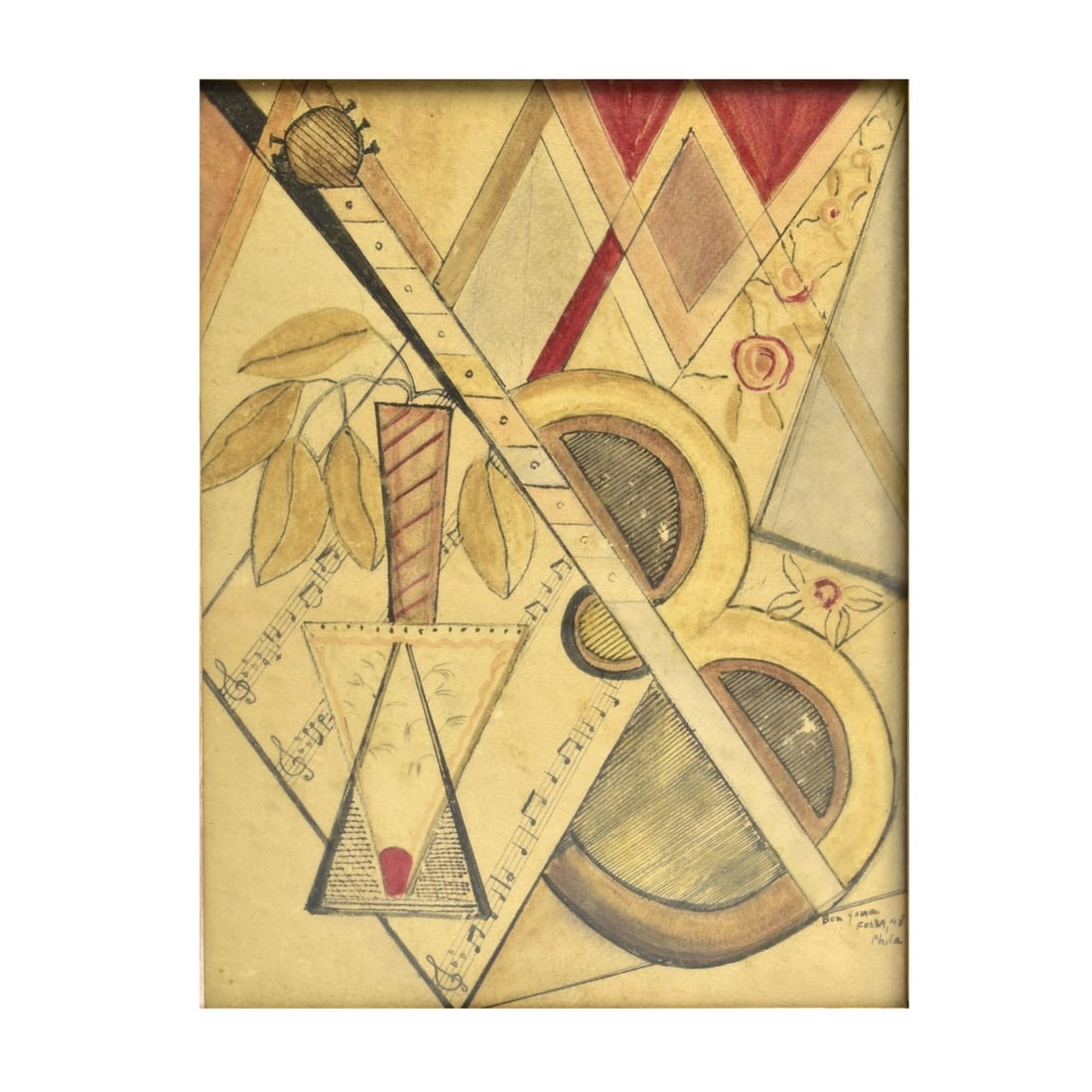Mid Century American School Watercolor on Paper: Mid Century American School Watercolor on Paper "Abstract Guitar Still Life" Signed Lower Right. Measures 11-5/8" x 8-5/8". Frame measures 14-3/4" x 11-5/8". Condition: Toning otherwise good condition