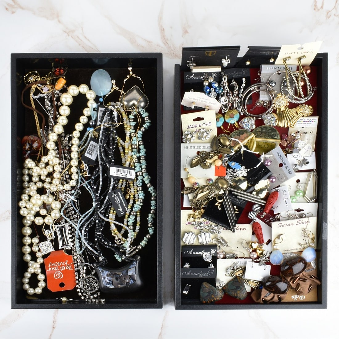 Collection of Fashion Earrings and Necklaces: Collection of Vintage Fashion Earrings and Necklaces. Gold tone metal variously accented with faux diamonds, faux gemstones, faux pearls, enamel and more. Various makers and styles, Pierced and Clip. 
