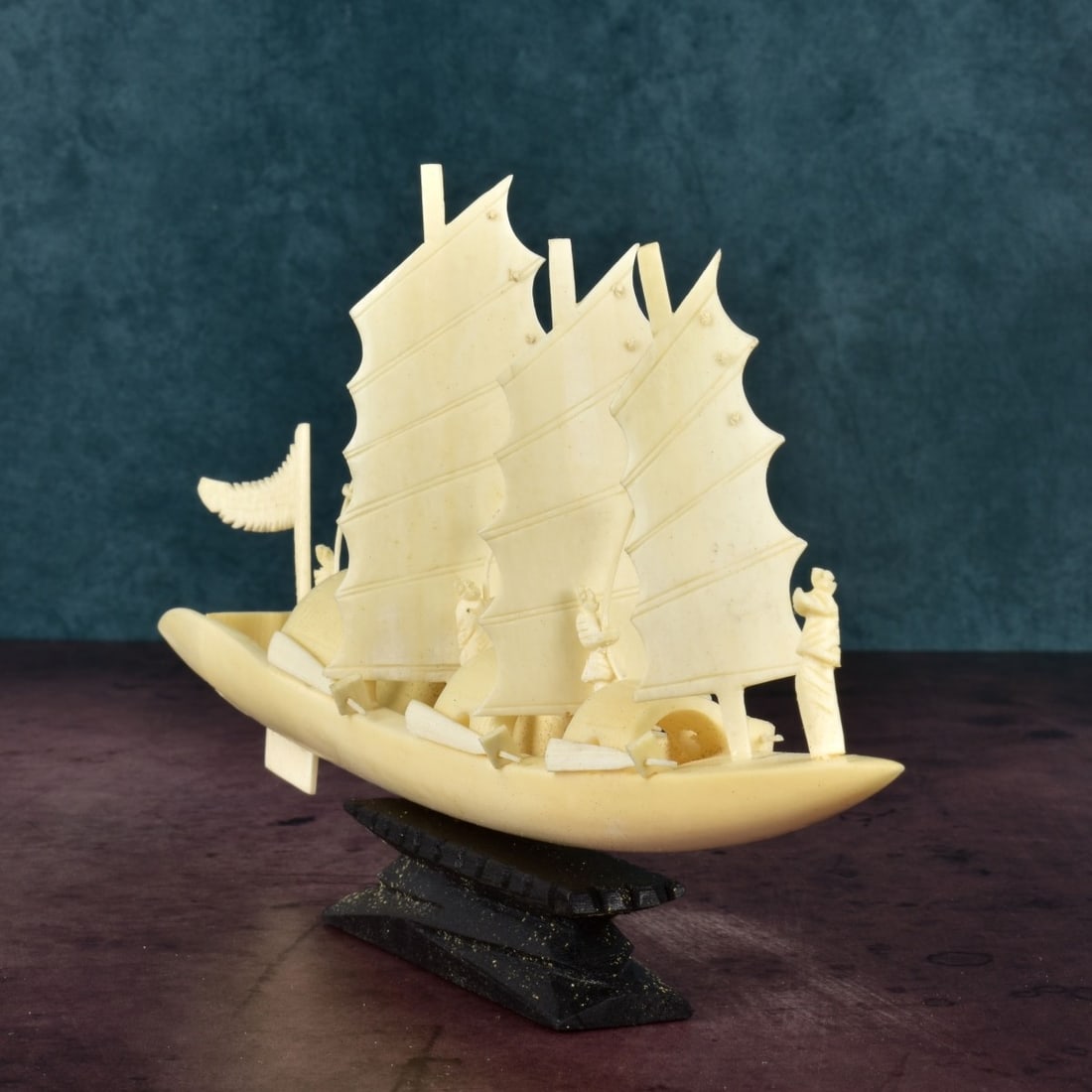 Chinese Carved Boat: Chinese Carved Boat with Three Sails Presented on a Wooden Base. Box to accompany the lot. Boat overall measures 4-3/4" x 9-1/2" x 1-1/4'. We Will Not Ship This Item Out of State of Florida. Anyone Ha