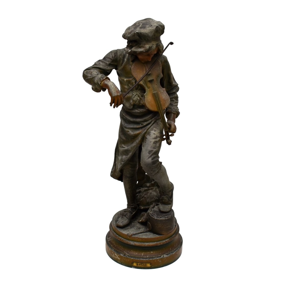 After: Adrien Etienne Gaudez (1845 - 1902): After: Adrien Etienne Gaudez, French (1845 - 1902) "Lulli" French Metal Sculpture. Measures 20-1/2" x 8-1/2". Condition: Heavy rubbing and scuffs to the surface otherwise good condition. Estimate: $50