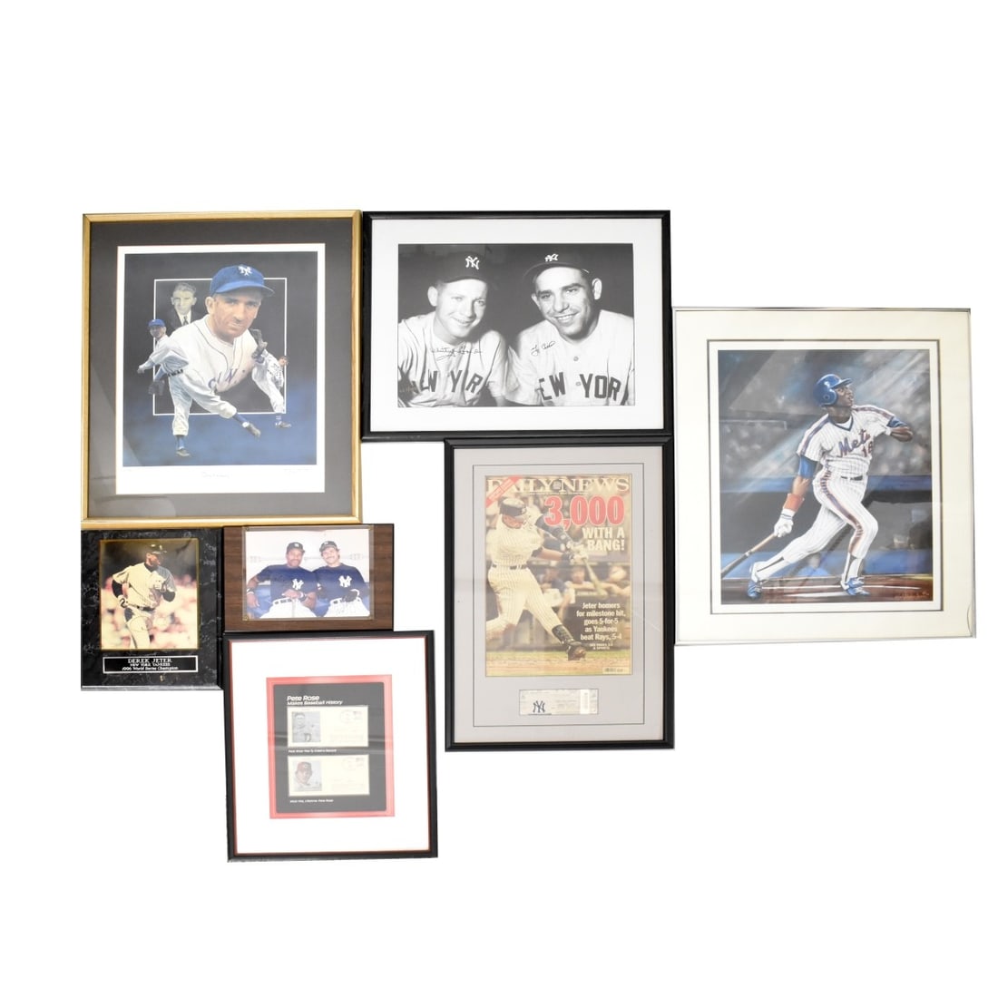 Autographed Baseball Memorabilia Seven (7) pcs: Seven (7) Assorted Autographed Baseball Memorabilia. Framed Derek Jeter, Yankee and a Dave Winfield & Don Mattingly, Yankees. Framed 2 Pete Rose 1985 Postcards. Whitey Ford & Yogi Bera print with ink 