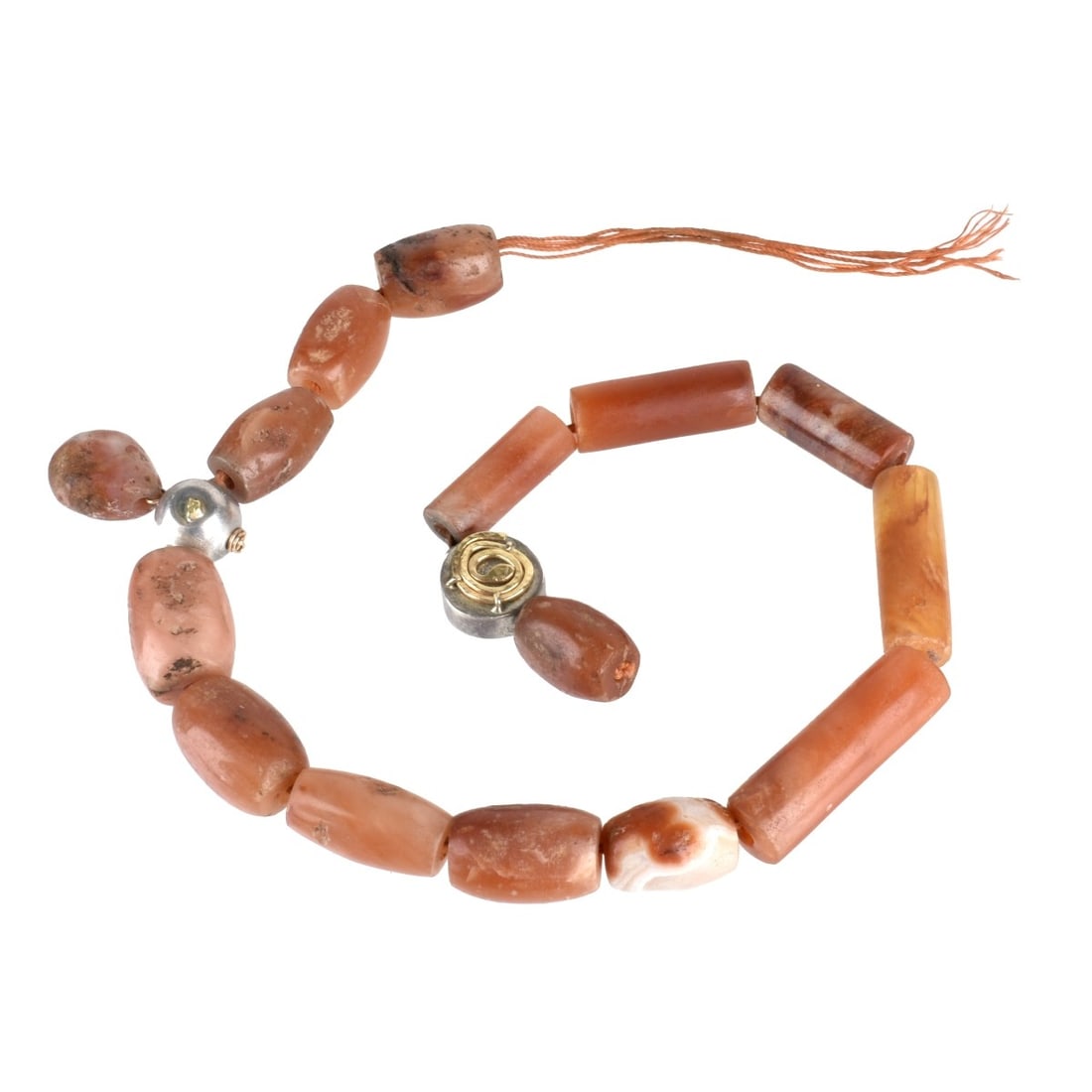 Agate and 14K Necklace: Carnelian Bead Necklace with Silver and 14 Karat Yellow Gold Accent Beads. Largest bead measure 39 x 12mm. Necklace measures 16" L. Approx. weight: 113.05 grams. Condition: Needs restringing otherwise
