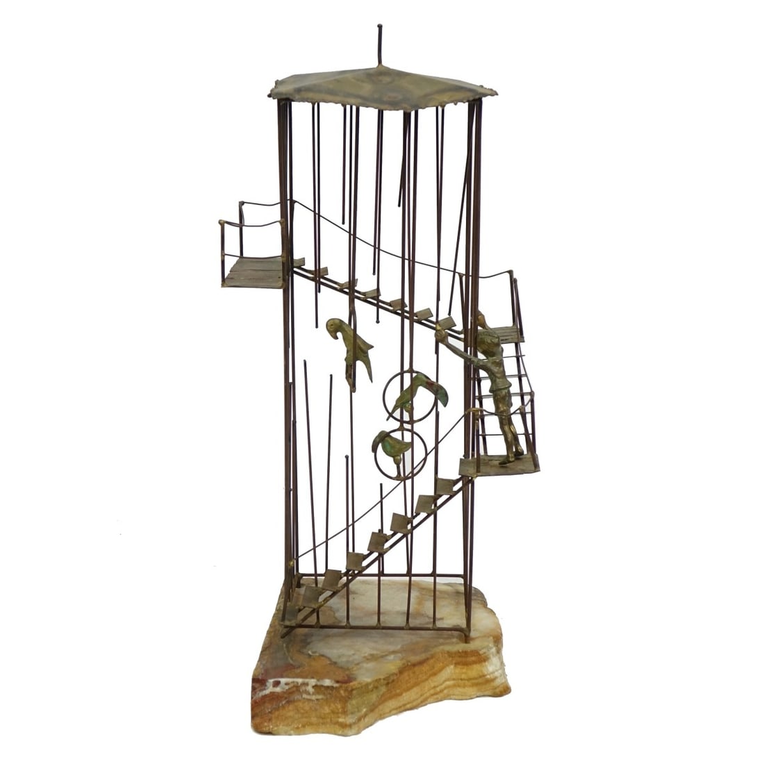 Brian Bijan American (20C) Metal Sculpture: Brian Bijan, American (20th Century) Metal Sculpture on Onyx Base "Boy and Bird Cage" Signed and Numbered 184/250. Overall height 22-1/4". Sculpture measures 20-1/4" x 9-1/4" x 10-1/2". Condition: Rub