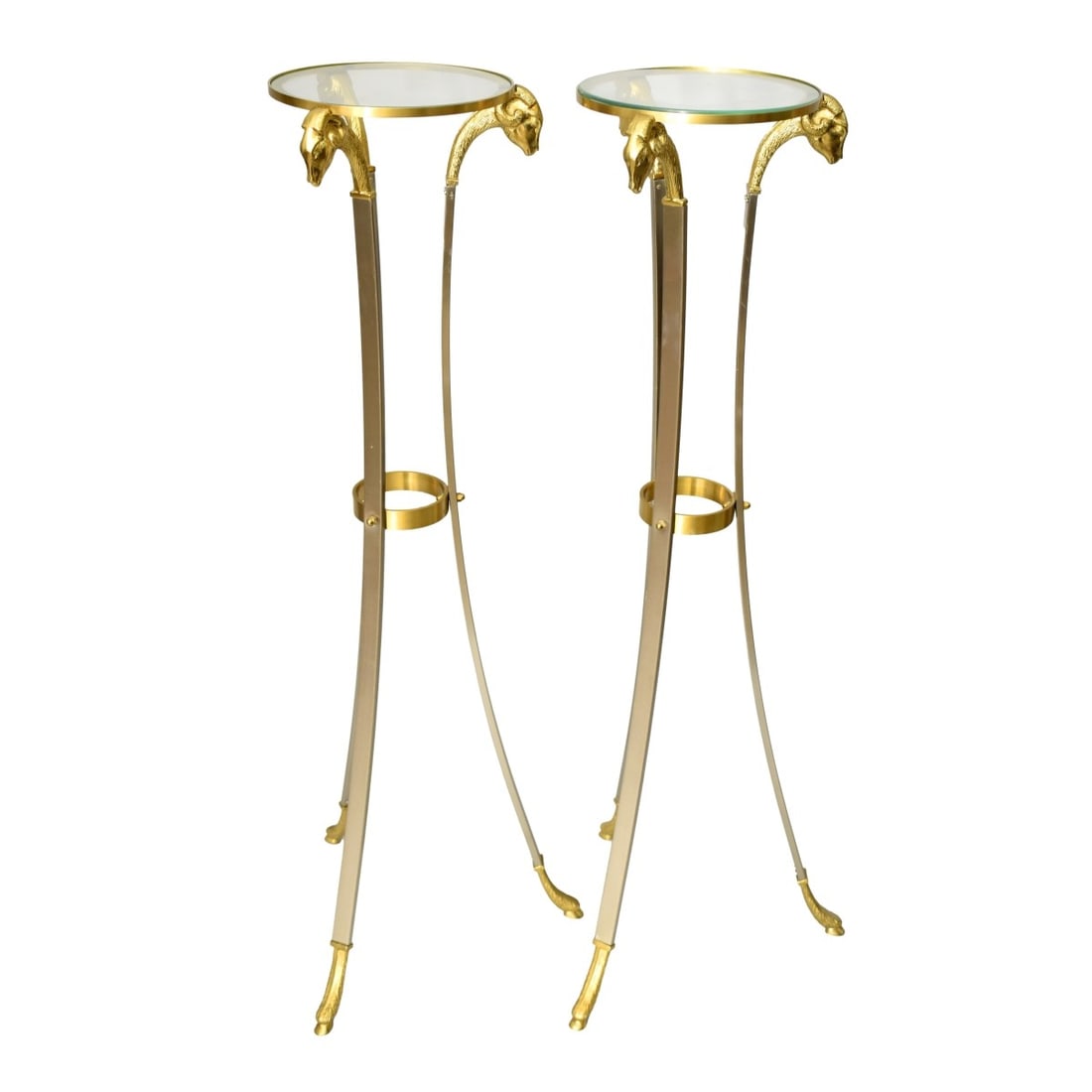 Pair of Maison Jensen Style Pedestals: Pair of Maison Jensen Style Steel and Brass Ram's Head Pedestals. Measures 44", 10-1/4" diameter top. Estimate: $200.00 - $400.00 Domestic Shipping: Third party