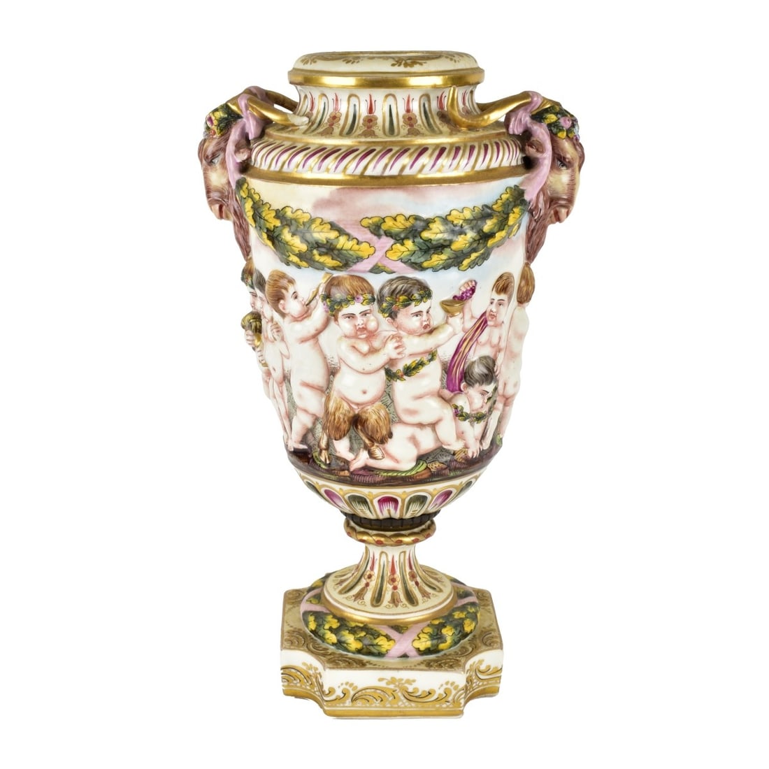 Antique Capodimonte Porcelain Urn: Antique Capodimonte Porcelain Urn. Signed. Bacchanal scene and goat head handles. Measures 13-3/4" x 8-1/4". Condition: No lid. Loss to the tip of one horn. Estimate: $100.00 - $200.00 Domestic Shippi