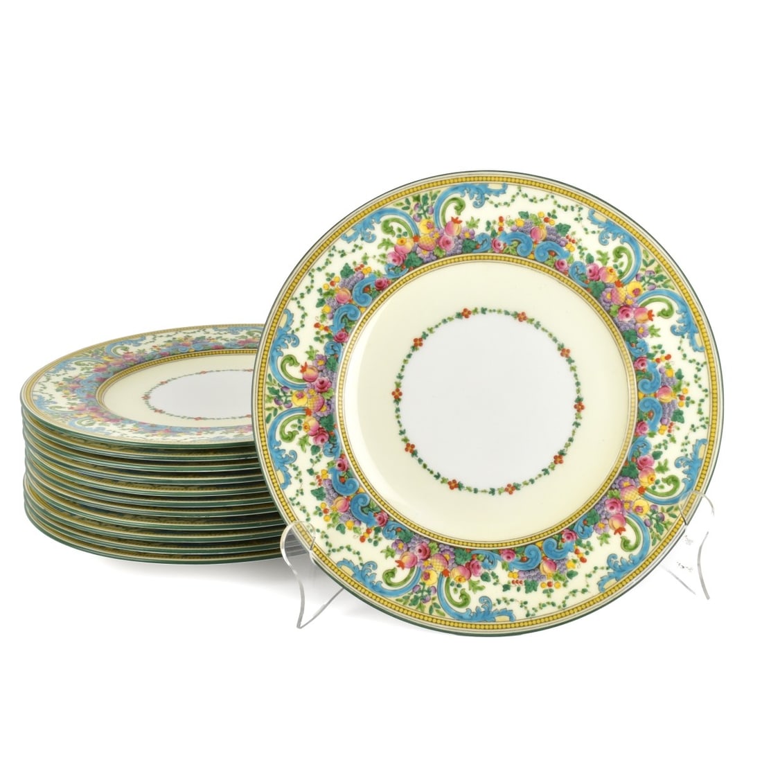 Wedgwood "Dawlish" Dinner Plates: Twelve (12) Wedgwood "Dawlish" Dinner Plates (Blue trim) Enamel scrolls, floral and fruit pattern. Measures 10-3/4" Diameter. Condition: Good condition. Estimate: $500.00 - $800.00 Domestic Shipping: