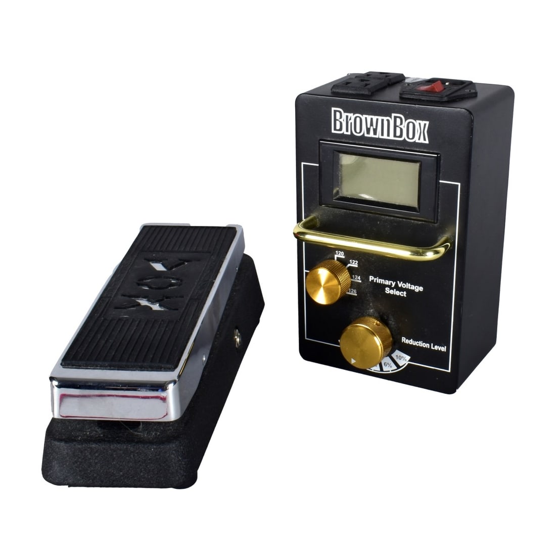 Brownbox Reg. and a Vox Original Pedal: Two Pieces a Brownbox Tube Volt Regulator with Cord 301-461-1250, and a Vox Pedal Wah Wah V847-A in original Box. Condition: Good Condition. Has Typical minor age wear for a pre owned Item. Not Tested