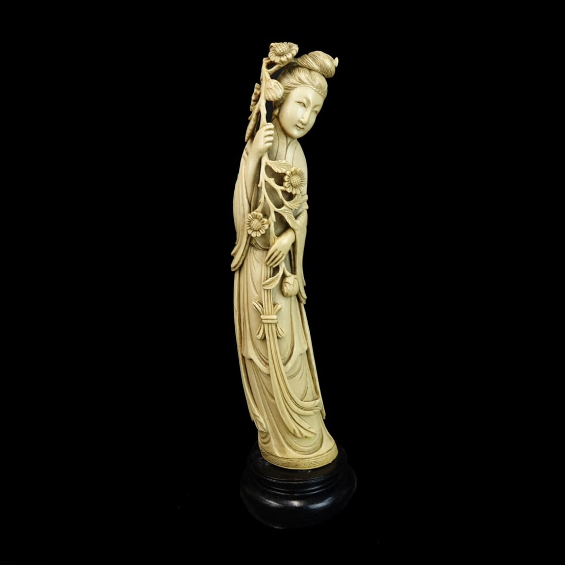 Antique Chinese Carved Female Figure: Antique Chinese Carved Female Figure Mounted on Wooden Base. Signed on reverse side. Depicted with flowers in hand. Measures 14" (w/base). We Will Not Ship This Item Out of State of Florida. Anyone Ha