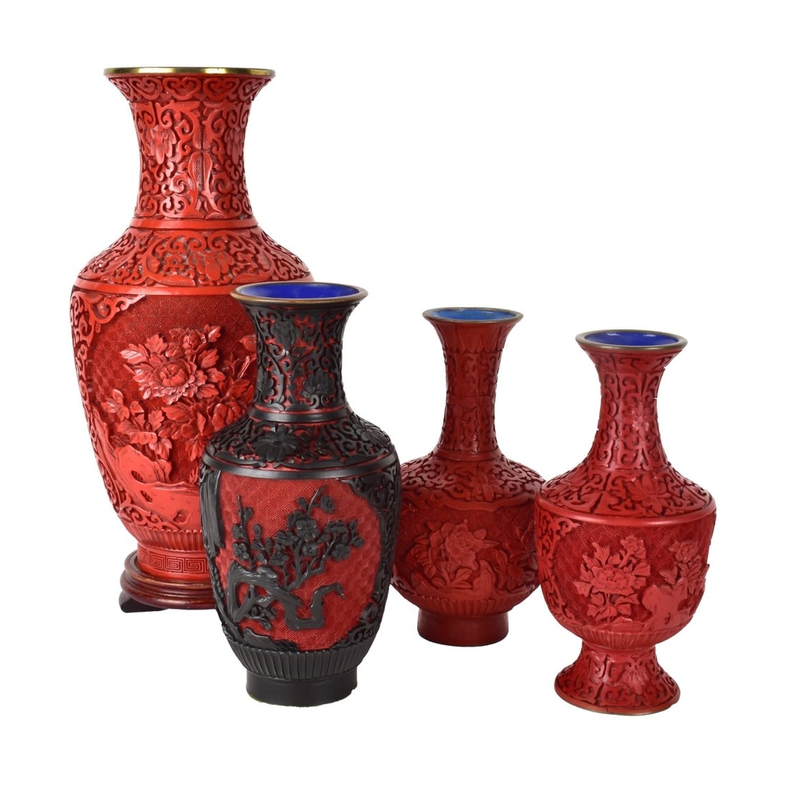 Four (4) Cinnabar Vases: Four (4) Cinnabar Vases. Three with Enamel blue interior one brass. unsigned. Largest Measures 13-1/2" H x 6-1/2" W. Smallest 8" H x 4" W. Condition: Good Condition, one has glued base. Brass has wear