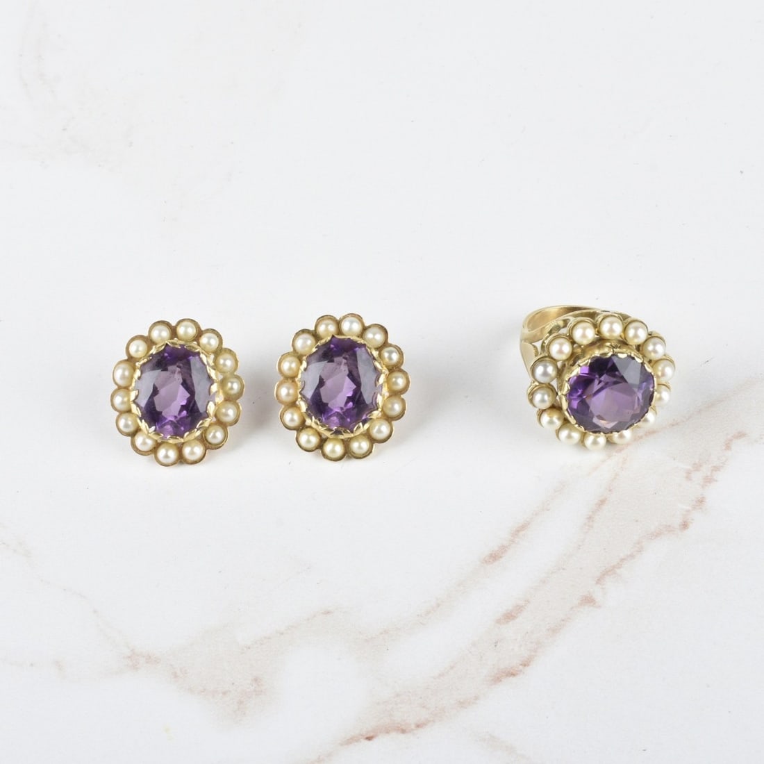 Amethyst, Pearl and 18K Ring and Earrings (1 of 2)