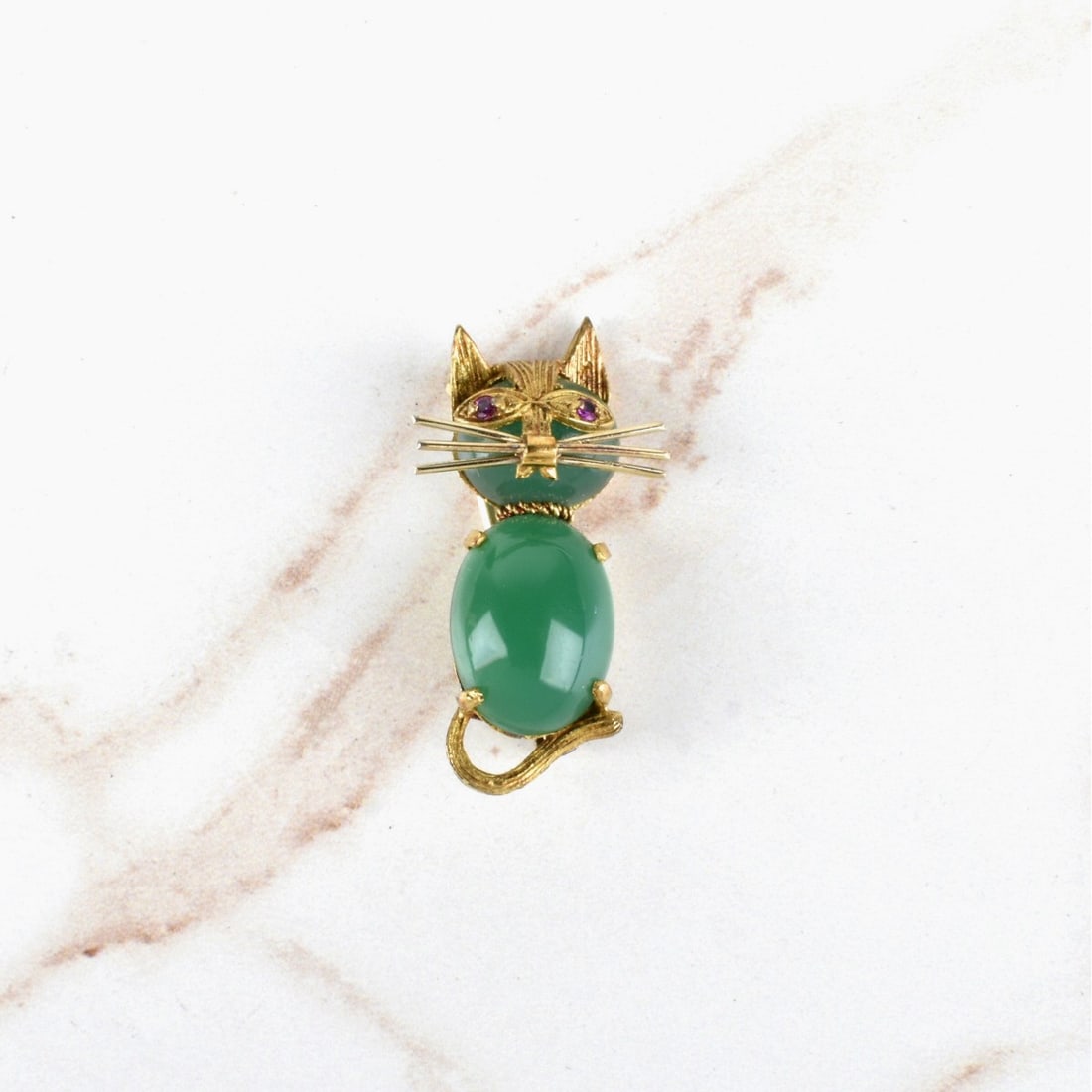Chrysoprase and 18K Cat Brooch (1 of 2)
