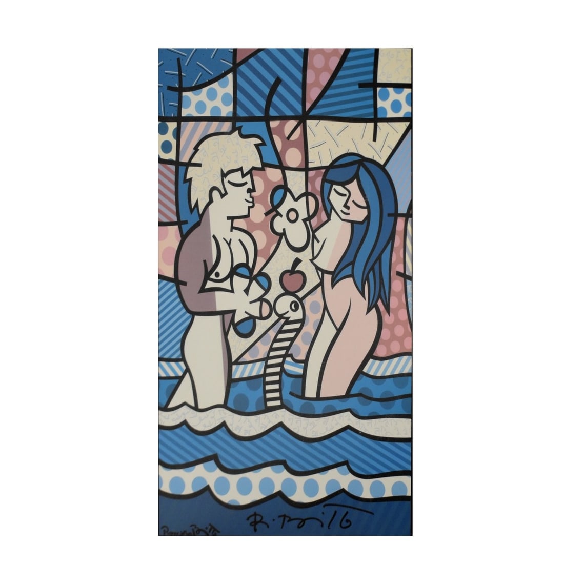 Romero Britto (Brazilian, 1963): Romero Britto (Brazilian, 1963) "Adam & Eve" Hand signed Print. Paperwork to back from Britto Central Measures sight 15-1/4" x9-1/2" W, Frame 25-1/4" H x 19-1/2" W. Condition: Good condition. Estimate