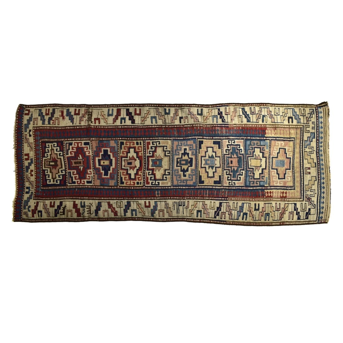 Semi Antique Khzak Runner: Semi Antique Khzak Wool Runner. Tribal patterns on multi color ground. Measures 102" x 38-3/4". Condition: Fading and some slight moss wear to the surface. Estimate: $100.00 - $200.00 Domestic Shippin