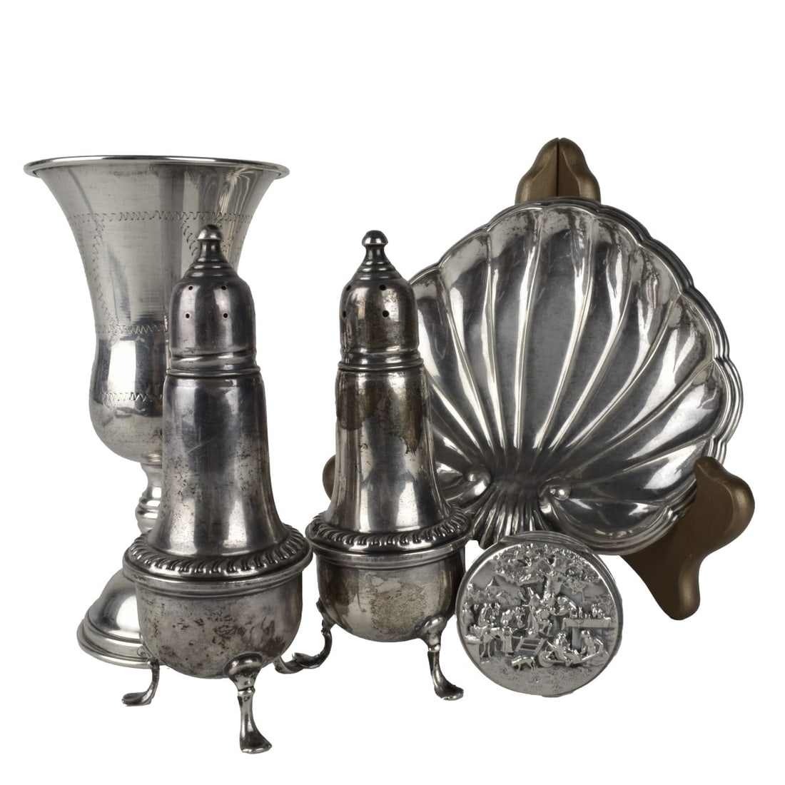 Vintage Sterling Silver Tableware: Grouping of Five Vintage Sterling Silver Tableware. Includes: pair of weighted shakers, Esco kiddush cup, shell form dish, and a Danish pill box. Each item is marked on the base. Cup measures 5-1/4" x