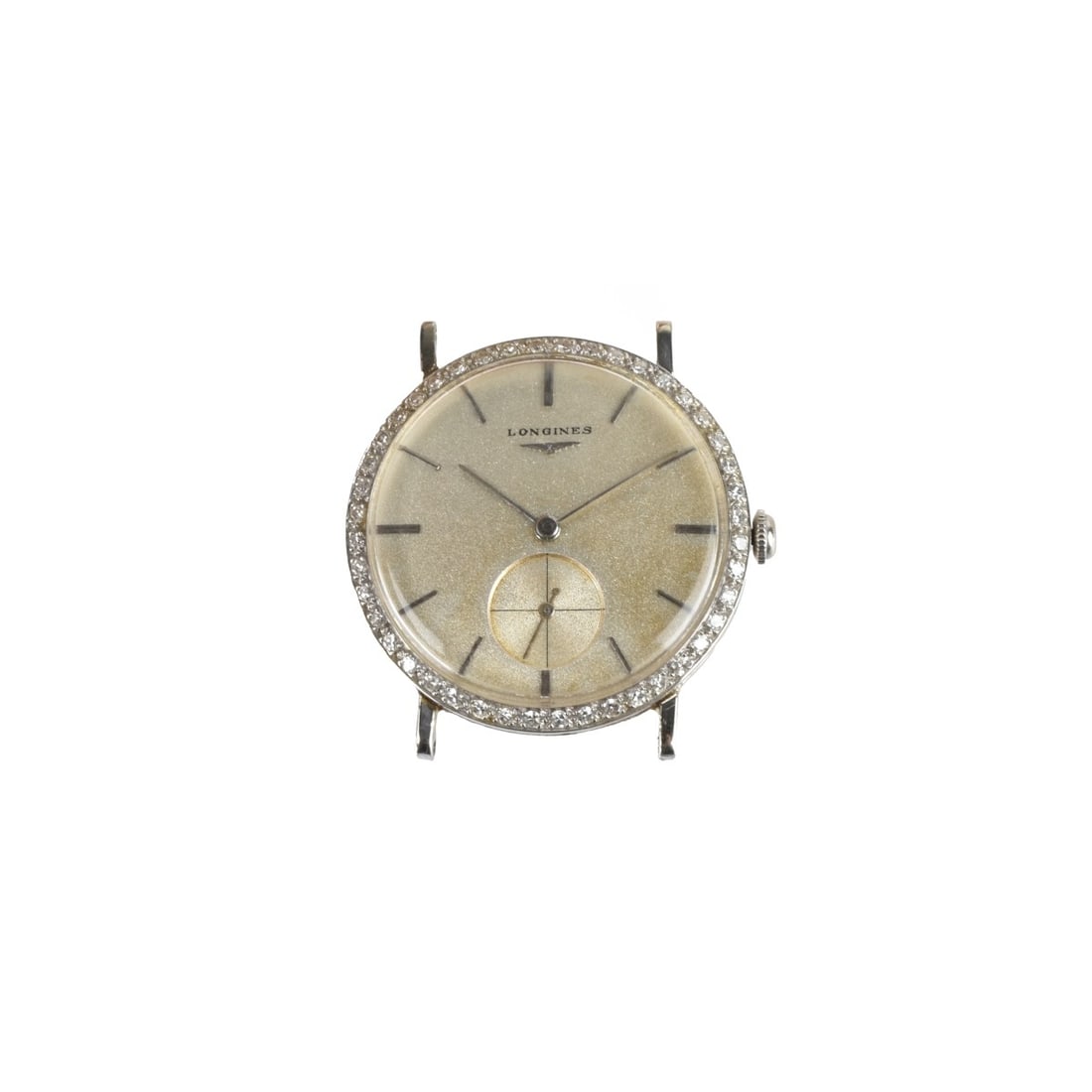 Longines Diamond and 18K Watch: Man's Vintage Longines 18 Karat White Gold Watch with Original Single Diamond Bezel. Silver Dial. Manual wind movement. Case measures 32.0mm. Diamonds E-F color, VS1 clarity. Stamped 18K. Watch only n