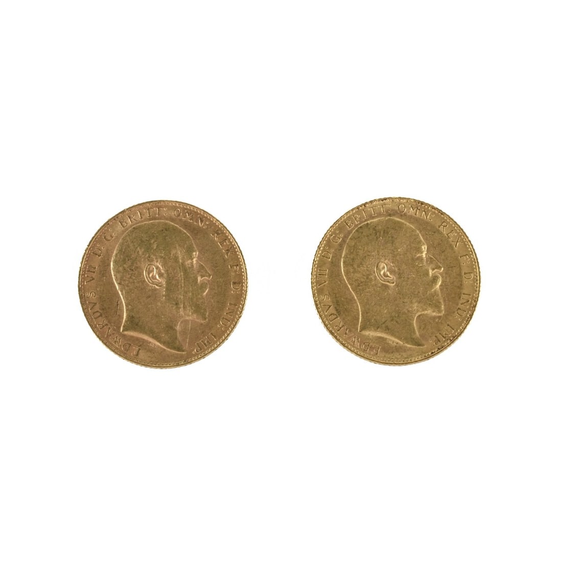 British Gold Sovereign Coins: Two British King Edward VII Gold Sovereign Coins, 1906 and 1908. Approx. total weight: 15.95 grams. Condition: Good circulated condition. Please note these coins are not professionally graded. Estimat