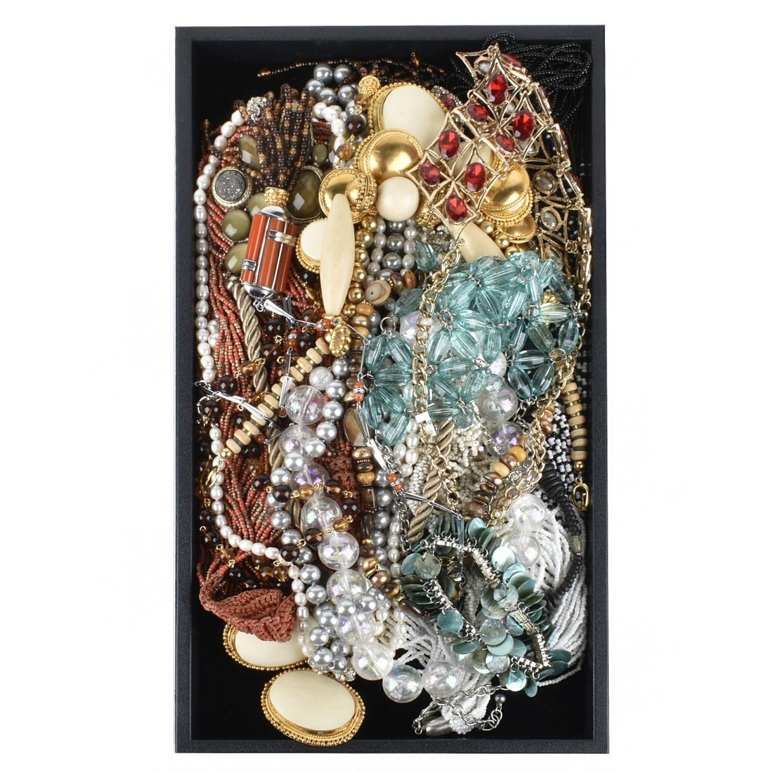 Fashion Jewelry: Tray Lot of Vintage Fashion Necklaces, One Bracelet and a Pair of Earrings. Various styles and makers. Condition: Good vintage condition. Estimate: $40.00 - $80.00 Domestic Shipping: $44.00