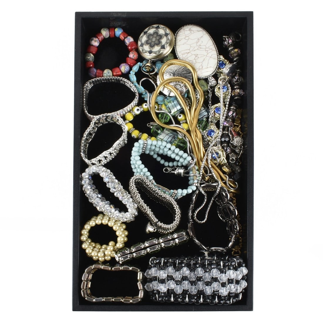 Fashion Jewelry: Tray Lot of Vintage Fashion Bracelets and Necklaces. Various styles and makers. Condition: Good vintage condition. Estimate: $40.00 - $80.00 Domestic Shipping: $40.00