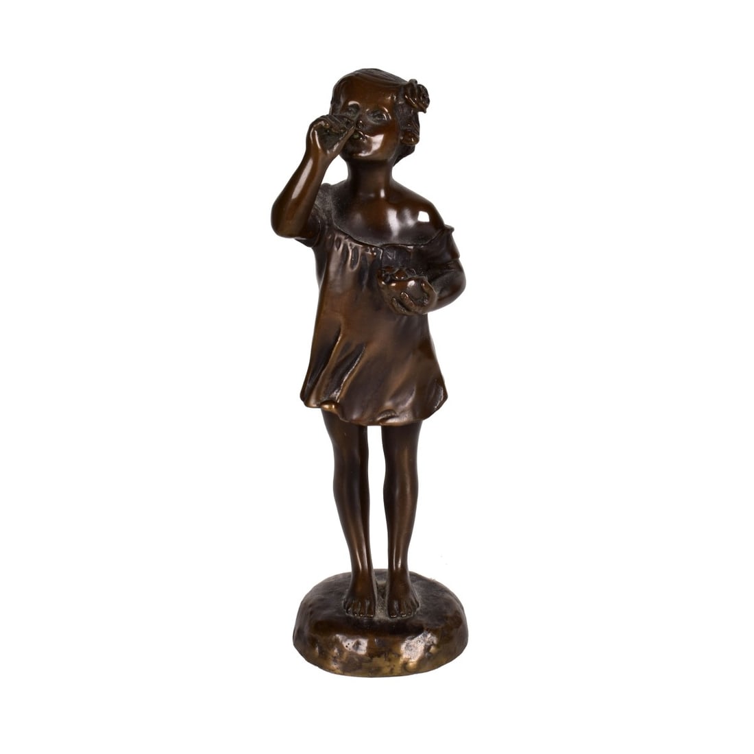 Antique Art Deco Bronze Sculpture: Antique Art Deco Bronze Sculpture of a Young Girl Blowing Bubbles. Unsigned. Measures 9" x 3". Condition: Good condition. missing bubble stem. Estimate: $100.00 - $300.00 Domestic Shipping: Third part