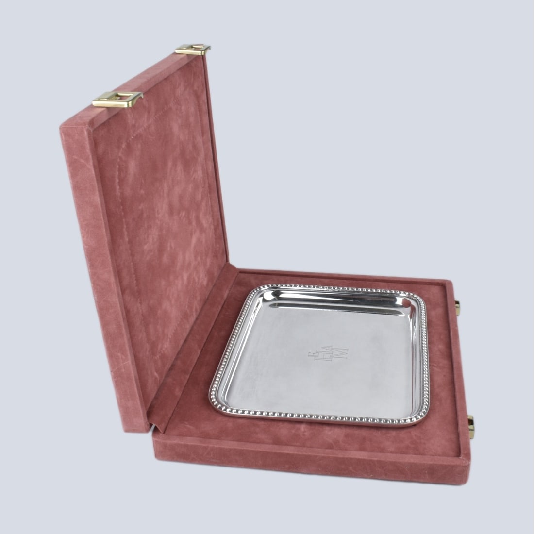 France Felix Freres Silverplate Tray: Europe Felix Freres France Silverplate Tray Presented in a Fitted Case. Monogram en center. Dish measures 6-1/4" x 7-3/4". Case measures 1-1/2" x 10-3/8" x 8-3/8". Condition: Good condition. Monogram 