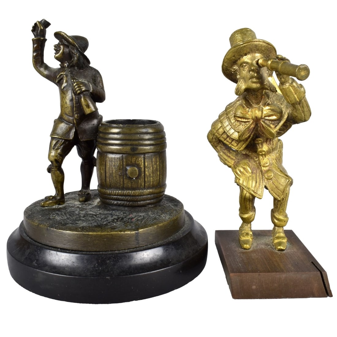 Antique Bronze Figures: Antique 19/20th Century Miniature Gilt Bronze Figure, Man with Spyglass together with an Antique 19/20th Century Bronze Toothpick Holder on Slate Base, Drinking Man Standing by a Barrel. Unsigned. Gil