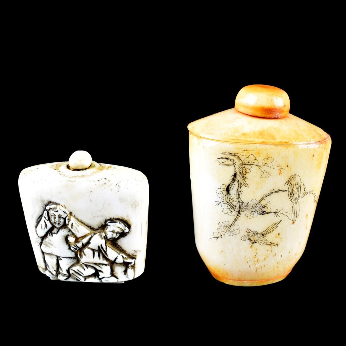 19/20C. Chinese Carved Snuff Bottles: Grouping of Two (2) 19/20th Century Chinese Polychrome Carved Snuff Bottles. Consisting of one bottle along with one bone bottle. Each are unmarked. Tallest measures 2-3/4" H x 1-3/4" W, other measure
