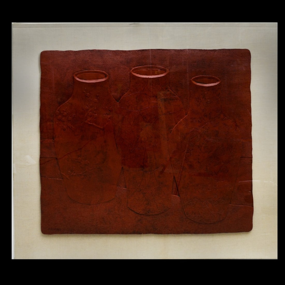 Brioni (20/21st C) Embossed Composition: Brioni (20/21st Century) "Still Life Vases" Embossed Composition, Signed Brioni Lower Left, Presented in a Shadowbox Frame. Sight measures 34-1/2" x 40-1/2". Frame 45-1/4" x 51-3/4" x 3-1/4". Conditio