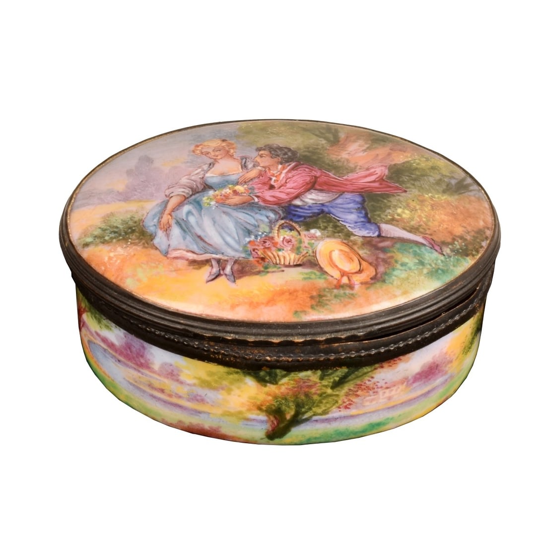 Antique Limoges Pill Box: Antique Limoges Hand Porcelain Porcelain Pill Box. Unsigned. Topographical scene along with courting scene motif. Measures 1-1/4" x 2-5/8" x 2". Condition: Good condition. Estimate: $150.00 - $300.00
