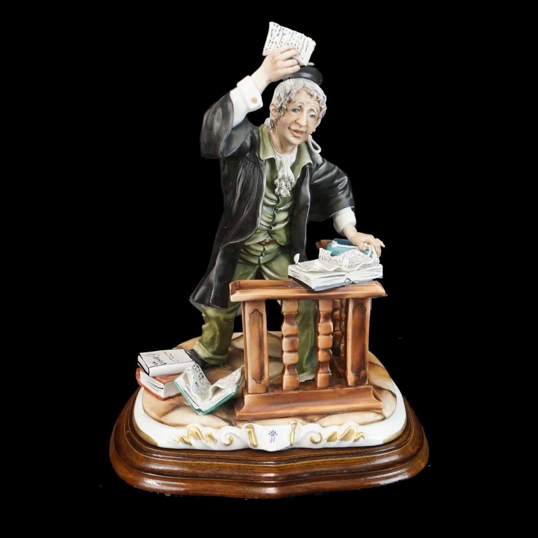 Capodimonte Figurine Lawyer: Large Vintage Capodimonte "Lawyer" Porcelain Figurine Mounted on Wooden Plinth Base. Signed. Overall measures 14-1/4" x 10-3/4" x 10". Condition: Possible small nicks otherwise good condition. Estimat