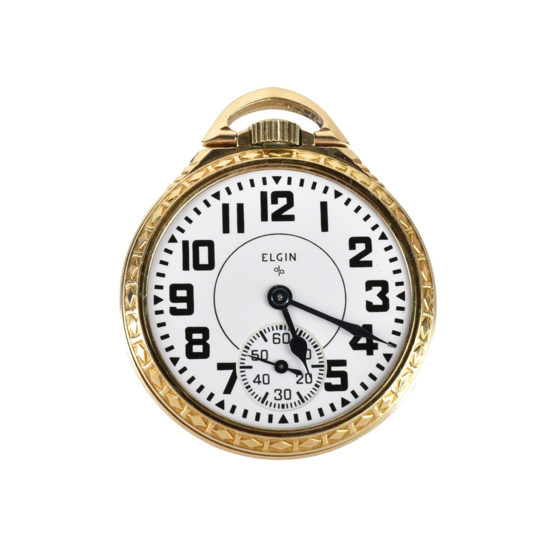 Elgin Pocket Watch: Antique Elgin Gold Filled Pocket Watch. Manual wind movement. Case measures 49.5mm. Raised geometric design to case edge. Case back engraved "H. P. H.". Approx. gross weight: 91.48 grams. Condition: A