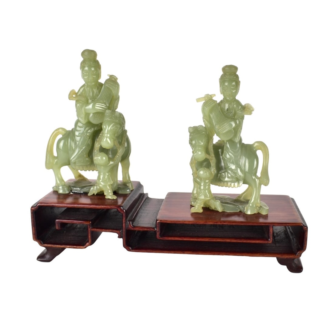 Chinese Jade Musician on Horses: Mid Century Carved Chinese Jade, Musician on Horses Match Set on a wooden base. Unsigned. Measures overall 6" H x 7-3/4" W x 2-3/4" D. Jade each is 4-1/4" x 2-1/2". Condition: Good Condition. glued to