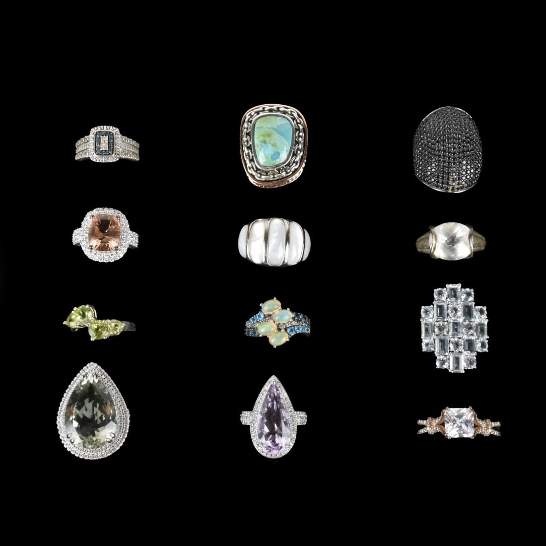 Fashion Jewelry Silver Rings: Collection of Twelve Fashion Jewelry Sterling Silver Rings. Variously accented with faux gemstones, faux diamonds, hardstones and more. Various sizes. Most stamped 925. Approx. total weight: 94.28 gra