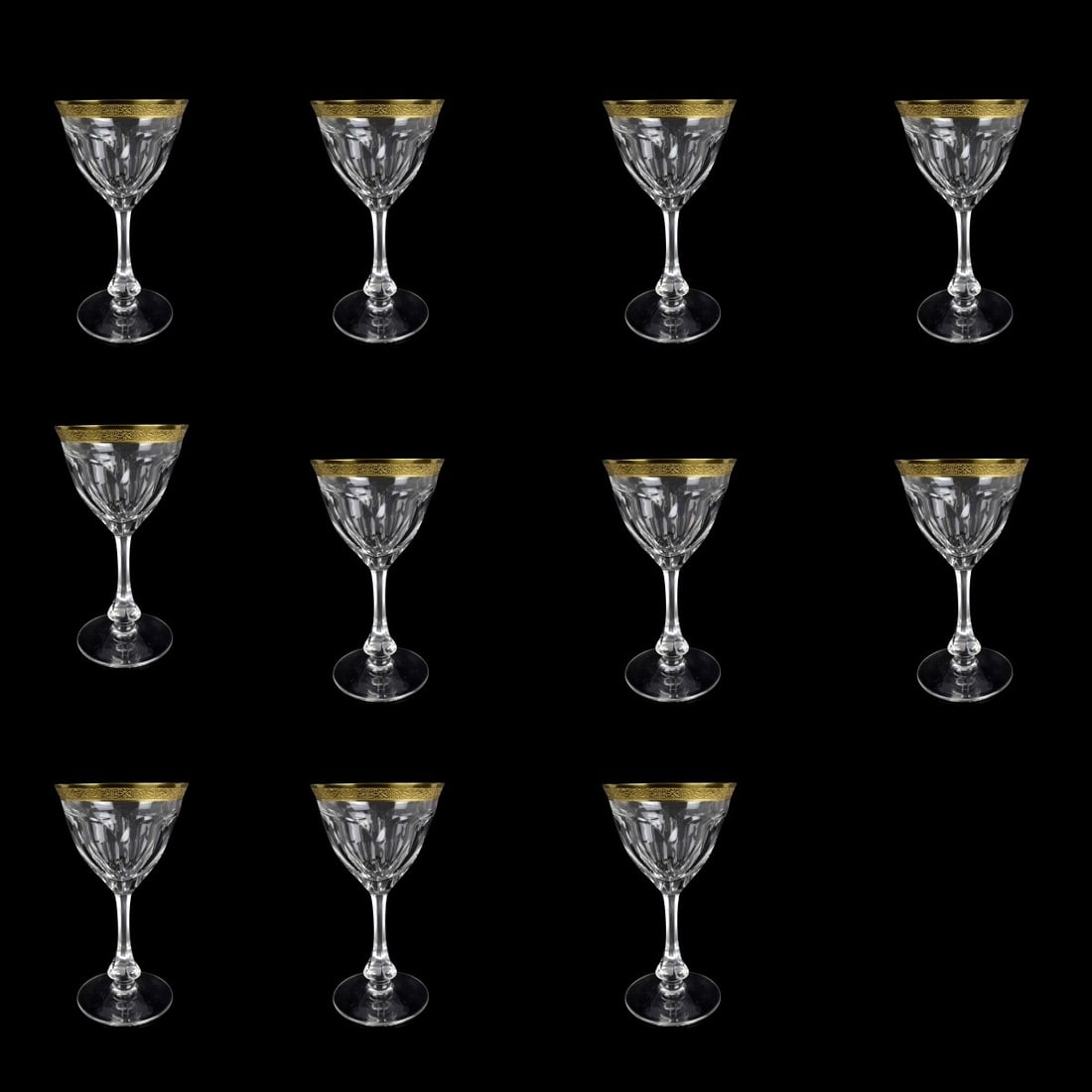 Moser "Lady Hamilton" Gold Wine Glasses: Eleven (10) Moser Lady Hamilton Crystal White wine Glasses with Gold encrusted band. Measures 6-1/8" H Condition: Good condition. Estimate: $200.00 - $300.00 Domestic Shipping: Third Party