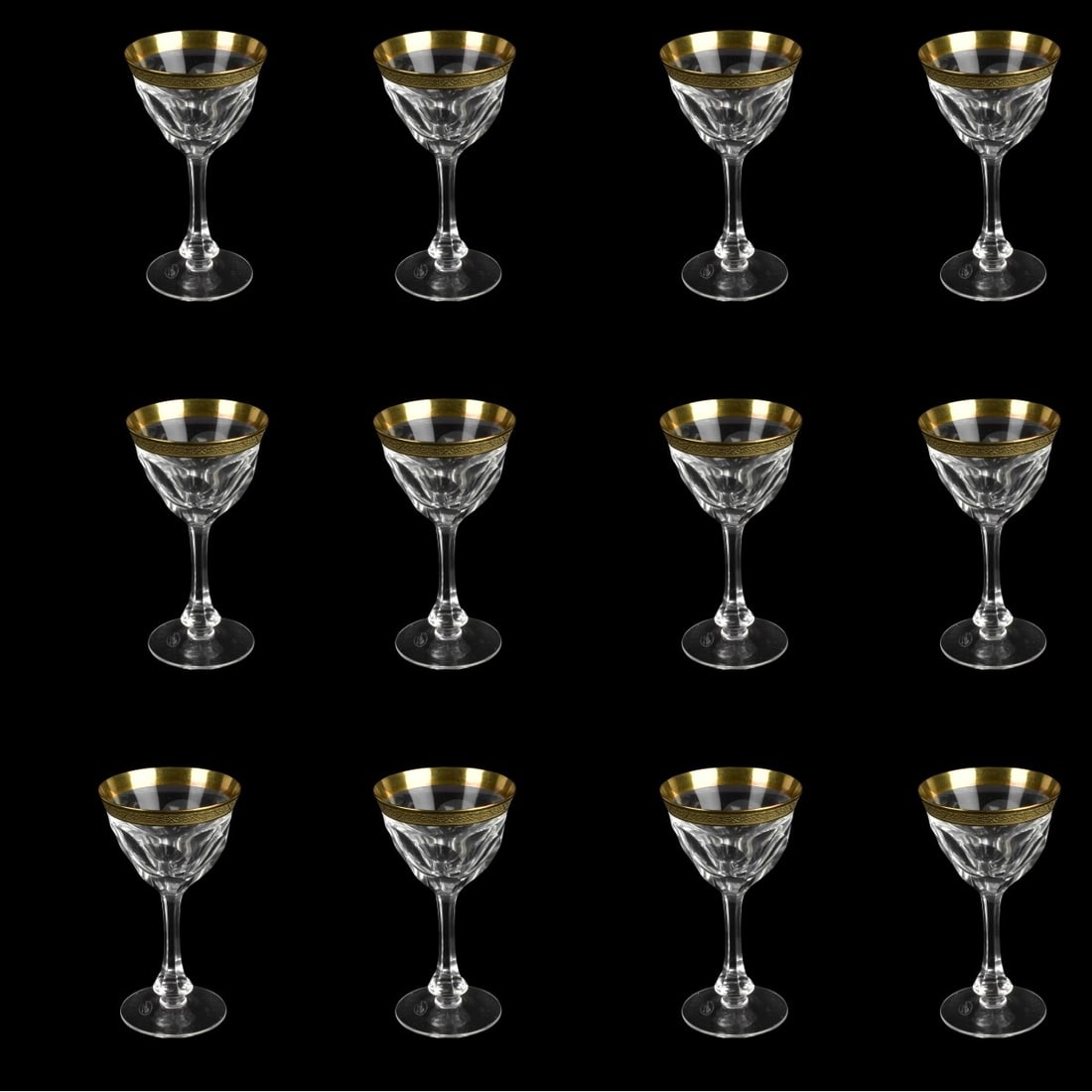 Moser "Lady Hamilton" Gold Port Wine Glasses: Twelve (12) Moser "Lady Hamilton" Gold encrusted rim Crystal Port Wine Glasses. Measures 5" H. Condition: Good condition. Estimate: $200.00 - $400.00 Domestic Shipping: Third Party