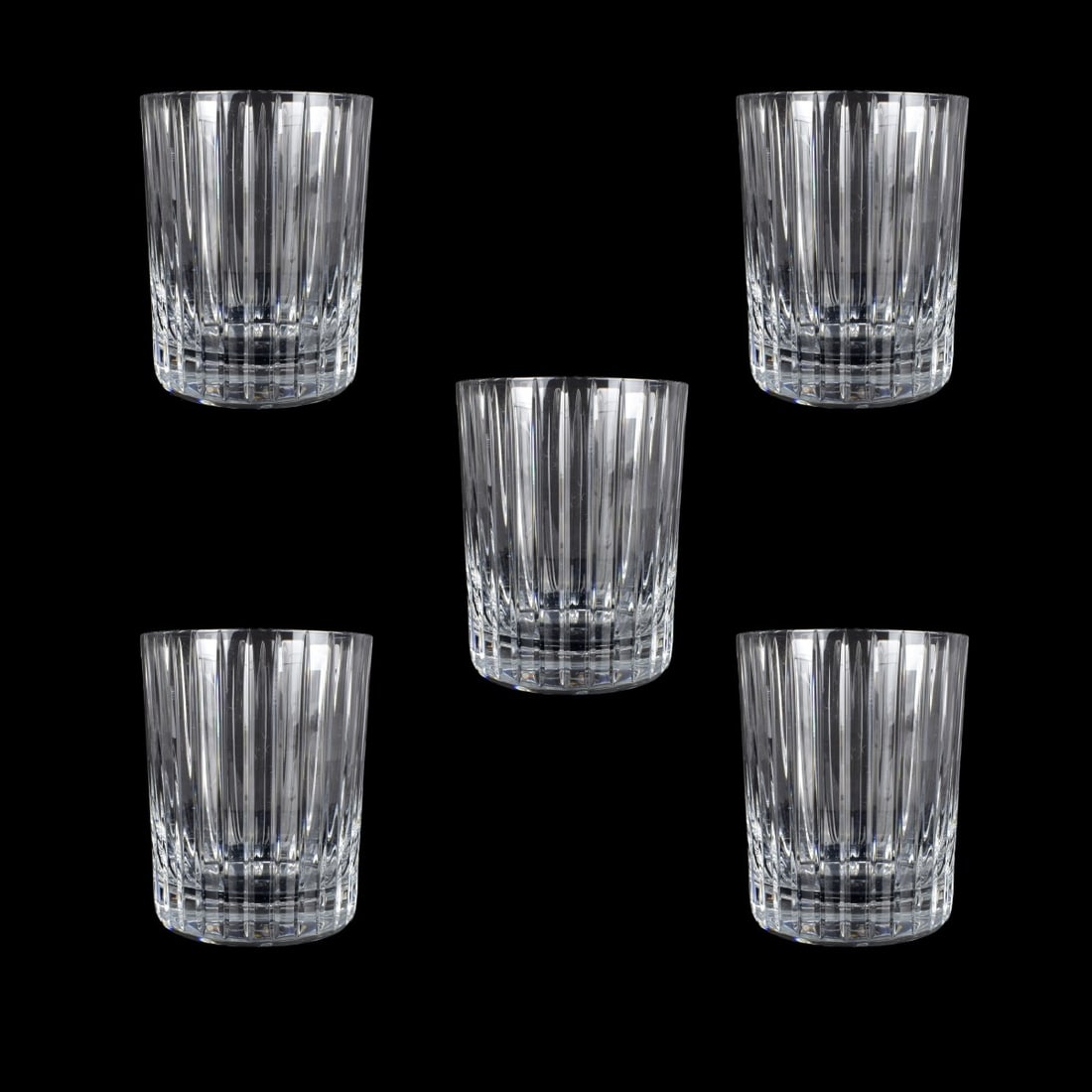 Baccarat "Harmonie" 17 Oz Flat Tumblers: Set of Five Baccarat "Harmonie" Crystal 17 Oz Flat Tumblers. Each are properly signed. Two glasses are accompanied by the original box. Glasses measure 4-3/4" x 3-3/4". Condition: One has a very small