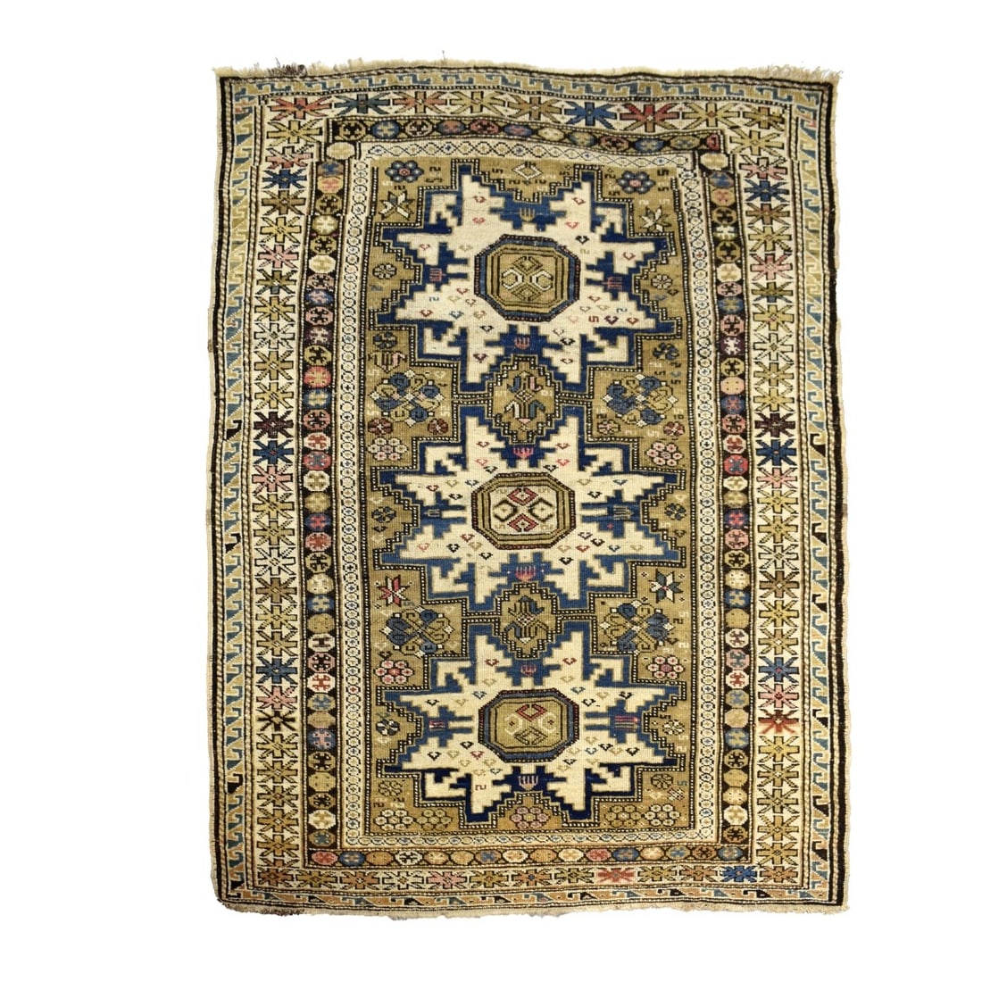 Antique Turkish Shirvan Rug: Antique Turkish Shirvan Multi Color Wool Rug. Three centralized medallion. Measures 60" x 40-1/4". Condition: Loss to fringes, needs cleaning. Estimate: $100.00 - $500.00 Domestic Shipping: $78.00