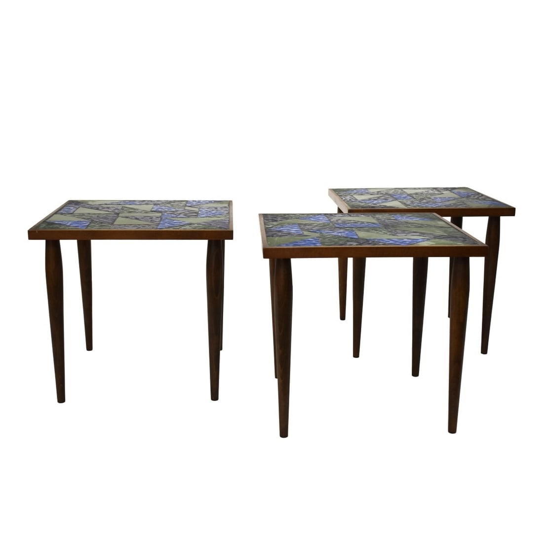Georges Briards style Mosaic Nesting Tables: In the manner of Georges Briard, nesting tables. Blue and Green Mosaic glass over silver backing. Unsigned. Measures 15" H x 16-1/8" Square. Condition: Good condition, some scuffing of the wood and on