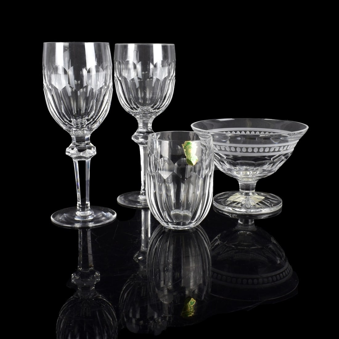 Waterford Tableware: Groupingof Four Waterford Cut Crystal Tableware. Includes a pair of wine glasses, compote with box, and a tumbler. Each item is marked. Wine glasses measure 7-1/8" x 2-1/2". Box measures 4" x 6-1/2" x